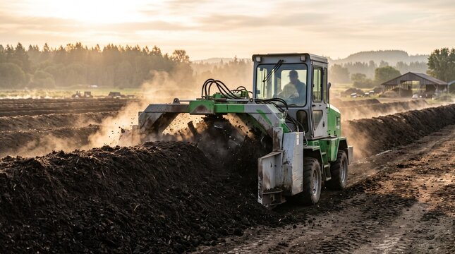 Compost turner aerates windrows at sunrise on eco farm
