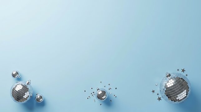 Festive silver disco balls and small star decorations arranged on a light blue background for holiday celebration concepts