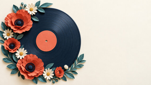 紙の花に彩られたレコードの音楽背景