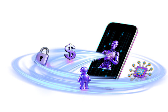 3D Isometric AI Fintech and Cyber Security Smartphone Concept on transparent background