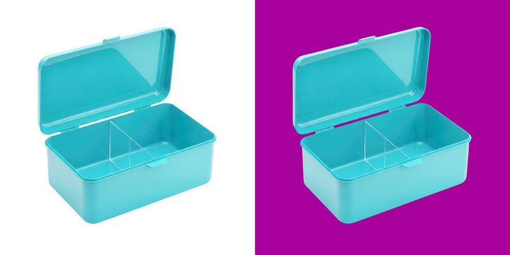 Open empty turquoise plastic lunch box container transparent png