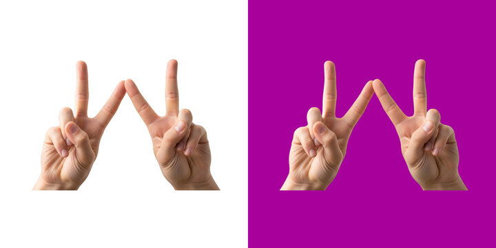 Two hands showing the letter W with fingers against a split purple and transparent png
