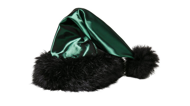 Isolated dark green luxurious Christmas Santa hat with black faux fur trim and pom-pom