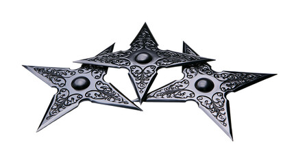 Isolated three ornate silver ninja stars with intricate scrollwork design arranged in a group © David
