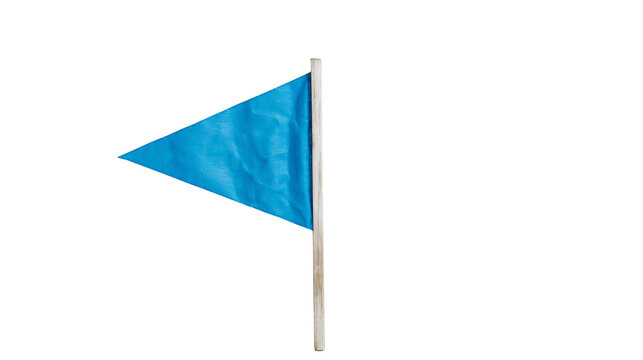 Isolated vibrant blue triangular pennant flag on wooden stick, ideal for various designs