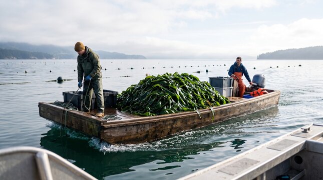 Harvest barge leaves the kelp cultivation farm