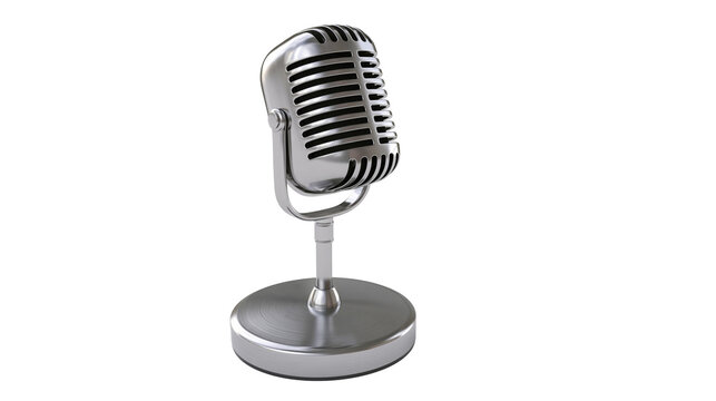 Isolated retro silver microphone on stand, classic vintage vocal mic for broadcasting or music recording