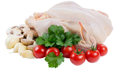 Isolated raw whole chicken surrounded by fresh ingredients like mushrooms, tomatoes, garlic, and parsley © David