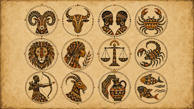 Tribal Style Zodiac Signs Set on Textured Paper
