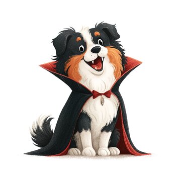 Happy fluffy australian shepherd dog in dracula vampire outfit with bow tie isolated on white. Best for children halloween storybook illustration, pet shop holiday sale banner or cartoon poster