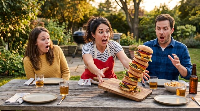 Friends react to sliding burgers at a backyard cookout