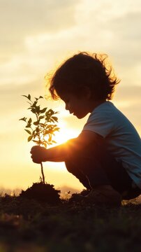 Child Planting a Young Tree Against a Beautiful Sunset, Symbolizing Hope and Growth