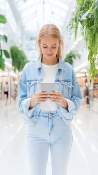 Young Woman Smiling While Using Tablet in Modern Shopping Mall Surrounded by Greenery