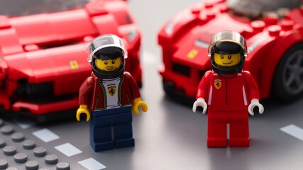 Fototapeta premium Tambov, Russian Federation - July 12, 2026 Lego Ferrari racing driver minifigures standing on a road plate with red Ferrari sports cars in the background. Lego Speed Champions.