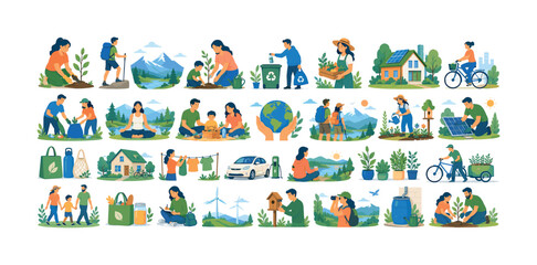 Fototapeta premium Diverse eco-friendly activities and sustainable living concepts illustrated