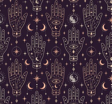 Mystical Halloween Palmistry Pattern with Hamsa Hand, All Seeing Eye, Celestial Moon and Stars for Esoteric Witchcraft Background