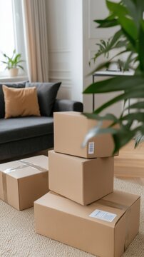 Stylish Living Room with Stacked Delivery Boxes, Modern Decor and Cozy Atmosphere
