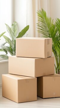Stacked Cardboard Boxes in Bright Room with Greenery: Ideal for Moving and Organization Concepts