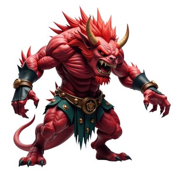 Close-up of a demonic creature with bright red skin and prominent horns