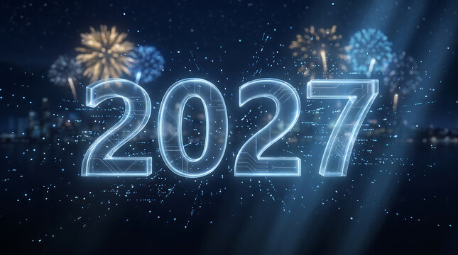 Futuristic digital display showing year two thousand twenty seven celebration transparent background