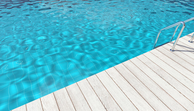 Image of poolside wooden terrace with blue tile swimming pool, light from clear sky shines through water make caustics at pool floor. Represent image feeling of vacation, holiday, party or summer.