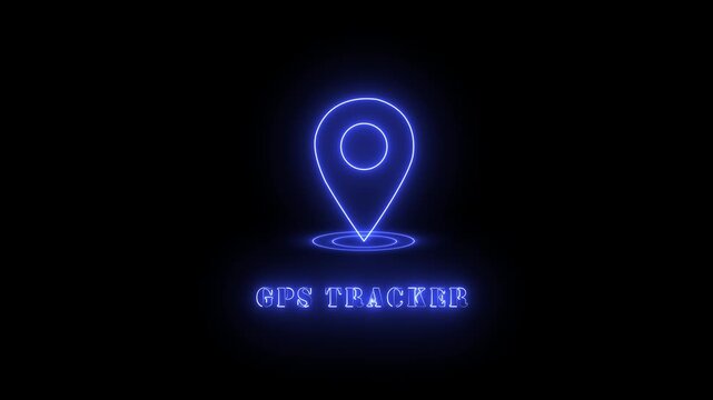 Neon blue location pin icon with gps tracker text