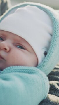 Adorable baby with warm surroundings, Cherished newborn peacefully lying in cozy winter clothing environment