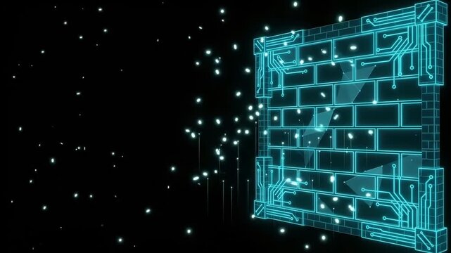 Cybersecurity digital firewall concept, glowing blue neon brick wall with circuit patterns, network security data protection background