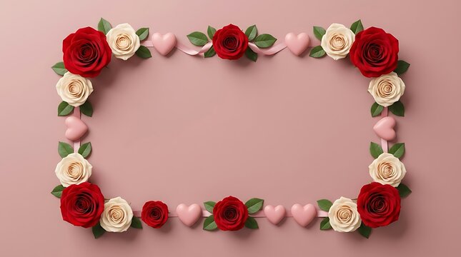 Floral frame border with red and white roses and hearts on a pink background for valentines day