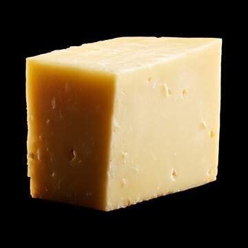 Closeup of aged cheese block isolated on black background with clipping path, concept of gourmet food and culinary quality