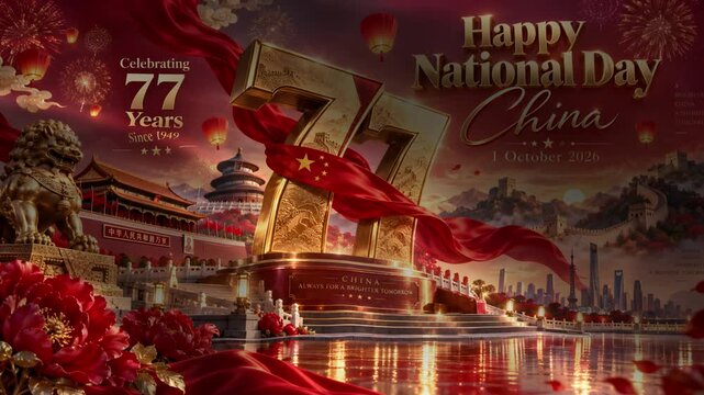 Celebrating 77 Years of Chinas National Day with Golden 77 emblem red silk ribbons and traditional architecture festive illustration for patriotic events