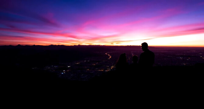 The Image Shows A Silhouette Of A Person Sitting On Top Of A Hill Overlooking A City At Sunset The