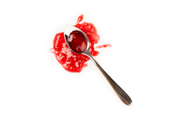 Raspberry jam in a spoon isolated on white background. A bowl of sweet berry jam. fruit spread texture, red jam splatter, organic dessert topping. clipping path © Avocado_studio