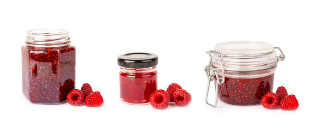A jar of raspberry jam isolated on white background. A bowl of sweet berry jam. fruit spread texture, red jam splatter, organic dessert topping. clipping path © Avocado_studio