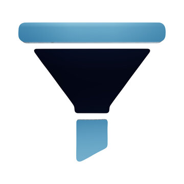 Modern 3D funnel icon symbol for data filtering and search optimization concepts featuring smooth blue gradient isolated on a transparent background
