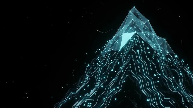 Digital mountain peak with glowing circuit board patterns, futuristic technology landscape, blue geometric wireframe mountain on black background