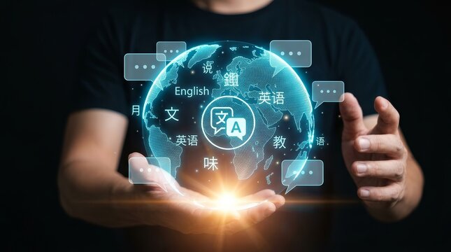 Multilingual communication concept with a digital holographic globe and diverse language text.
