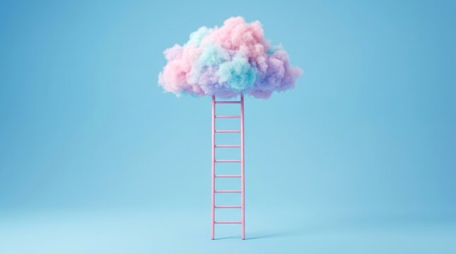 Concept of dreams and aspirations featuring a colorful cloud on top of a pink ladder.