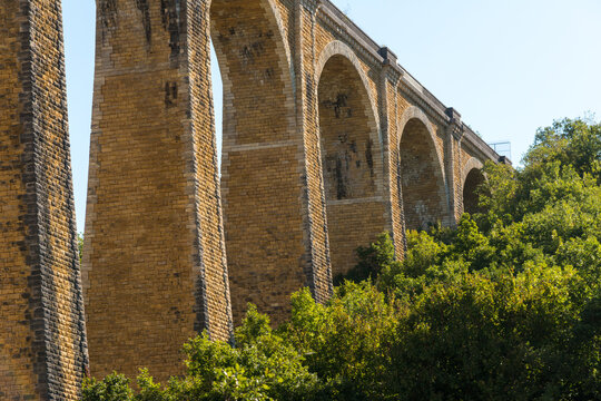 France, Dordogne, Souillac.  Railway bridge viaduct across a valley.