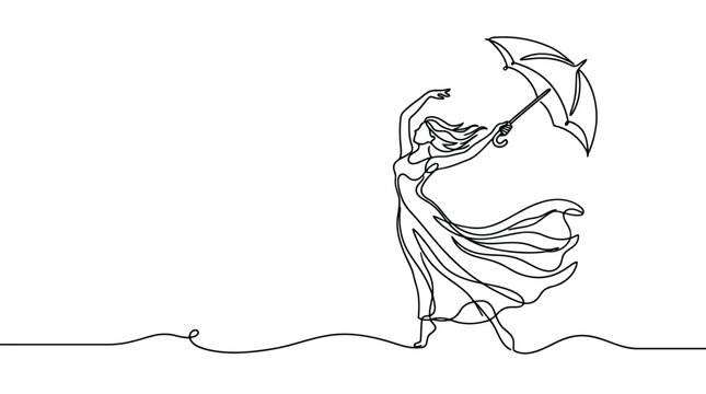 Premium single line drawing of a woman dancing with an umbrella in the wind, on a plain background