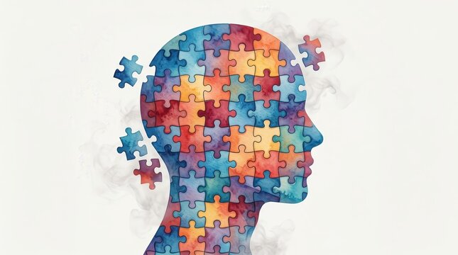 Abstract silhouette of a human mind using colorful puzzle pieces to represent emotional stress and mental health.