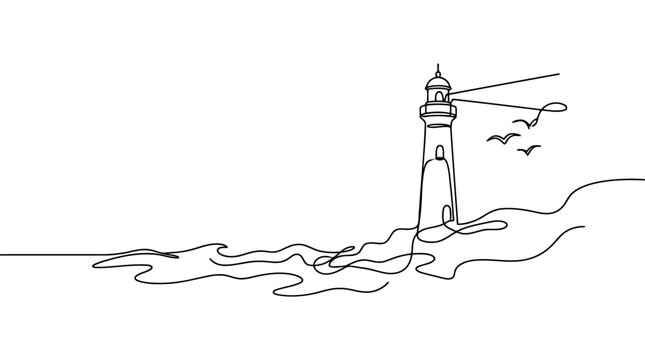 Premium minimalist single line drawing of a lighthouse on a rocky shore with waves and birds flying in the sky
