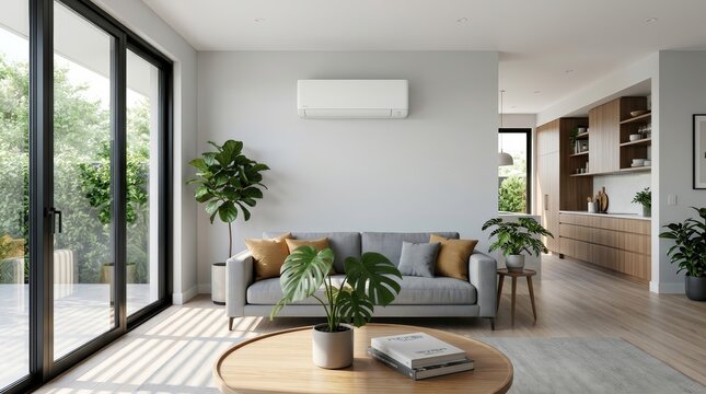 Bright contemporary living room with air conditioning unit and decorative houseplants.