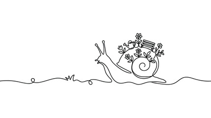 Premium continuous one line drawing of a snail with a garden on its shell, featuring flowers, a small bench, and a watering can, symbolizing slow living and nature connection © Master_BG