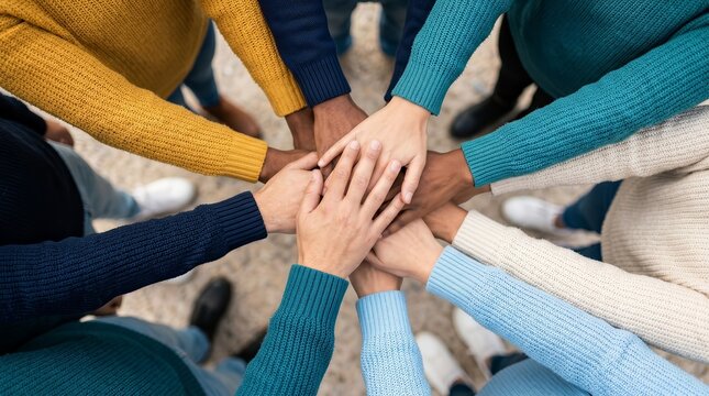 Hands of different ethnicities coming together in a circle representing teamwork and unity.