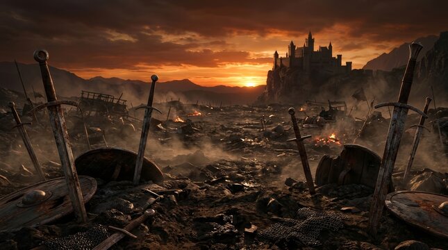 Cinematic fantasy landscape showing a war-torn field with a castle under a sunset sky.