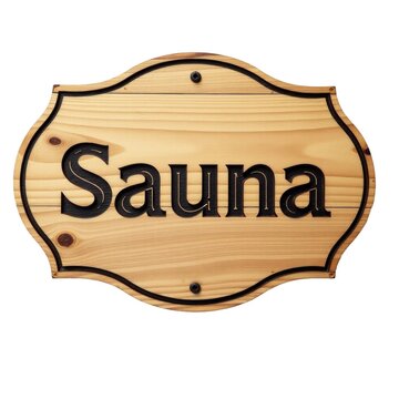A wooden sign reading 'sauna' used to mark an entrance or identify a sauna facility