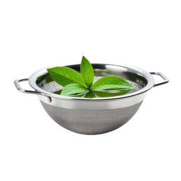 A metal strainer holds a single leaf