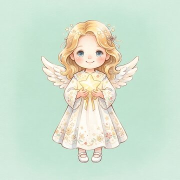 Cute chibi angel girl holding a bright star watercolor illustration on light green