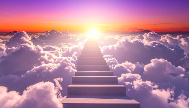 Stairway to heaven rising through clouds towards golden sun with staircase stairway sunlight conceptual spiritual climbing